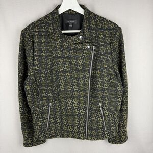 Ann Taylor Jacket Womens 16 Olive Green Black Moto Flounce Asymmetrical Tweed